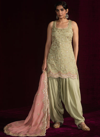 Light Green and Pink Embroidered Punjabi Suit