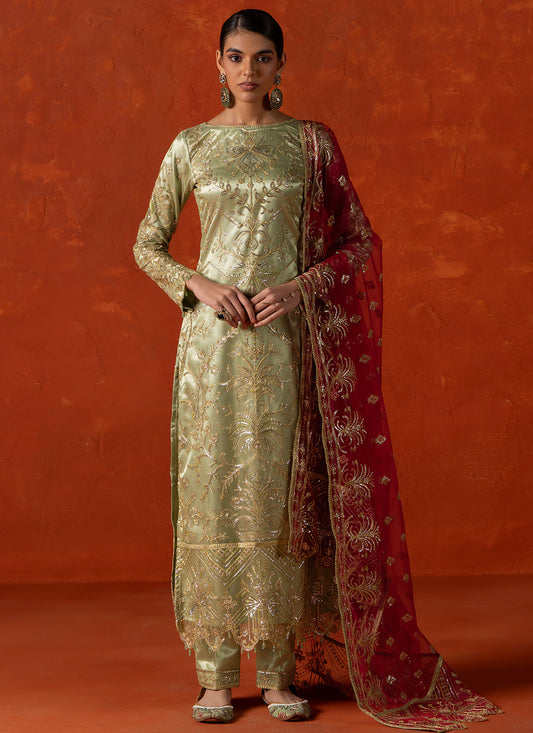 Light Green and Pink Embroidered Straight Suit