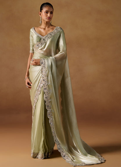 Light Olive Embroidered Tissue Saree