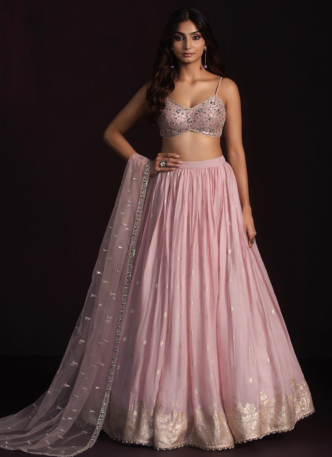 Light Pink Embroidered Net Lehenga