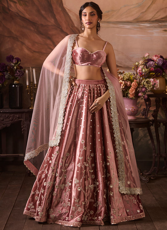 Light Pink Embroidered Velvet Lehenga