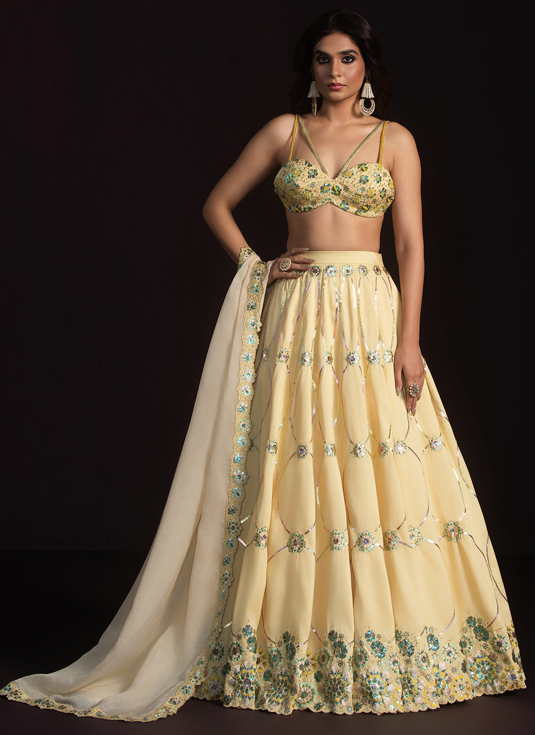 Light Yellow Embroidered Silk Lehenga