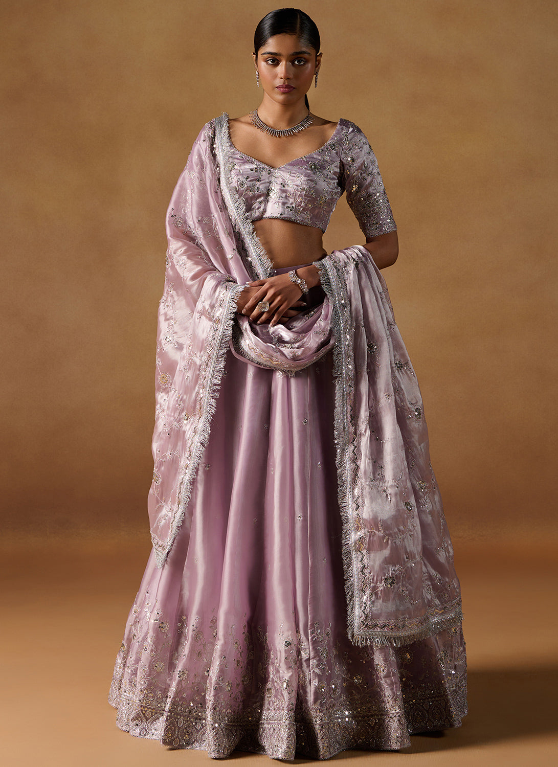 Lilac Embroidered Tissue Lehenga