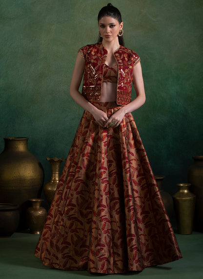 Maroon Embroidered Brocade Lehenga With Jacket