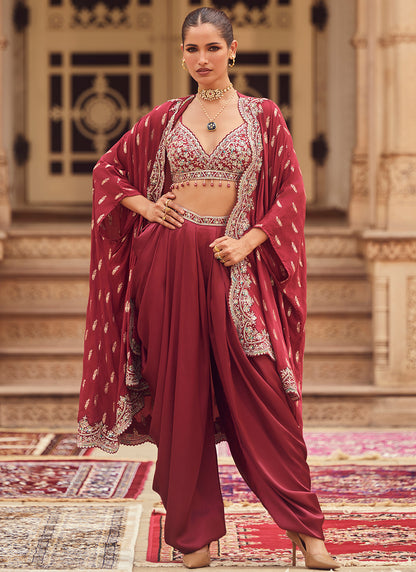 Maroon Embroidered Cape Dhoti Set