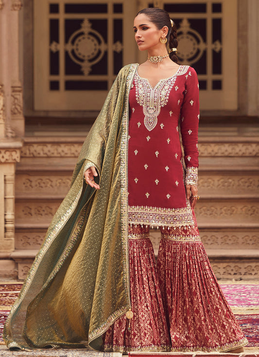 Maroon Embroidered Crepe Gharara Suit