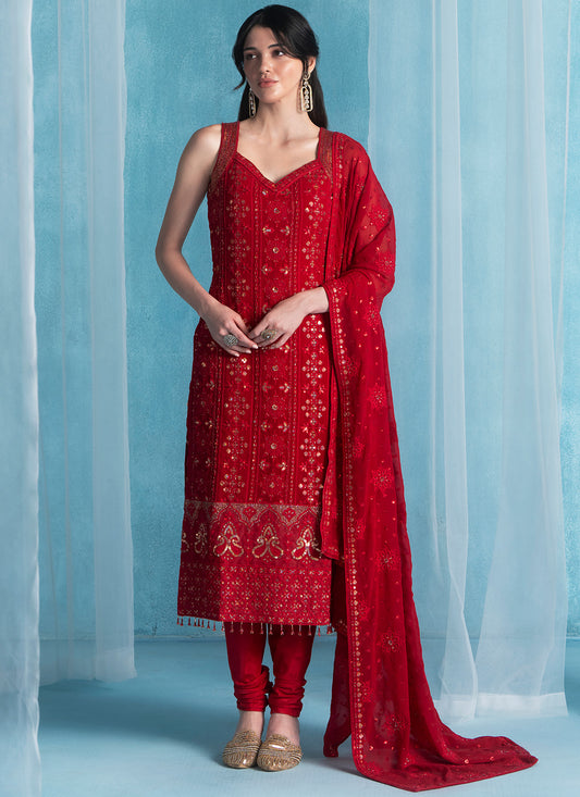 Maroon Embroidered Lucknowi Straight Suit