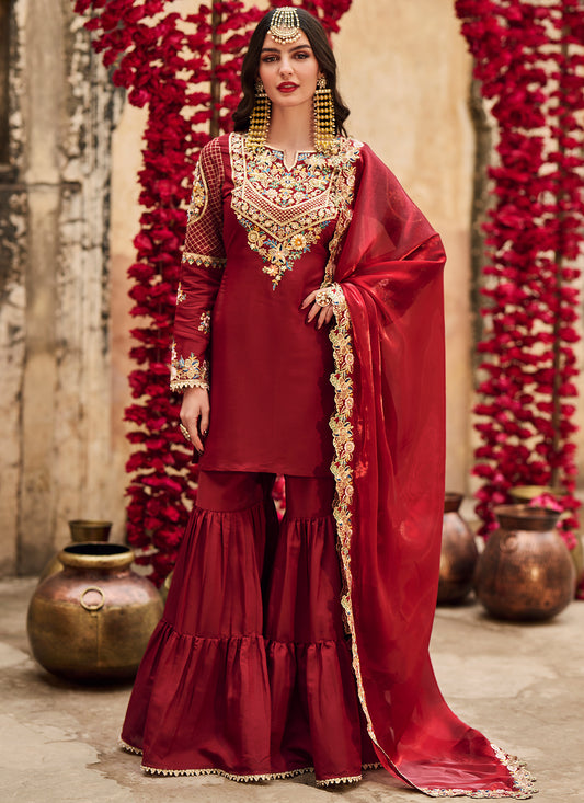 Maroon Embroidered Silk Gharara Suit