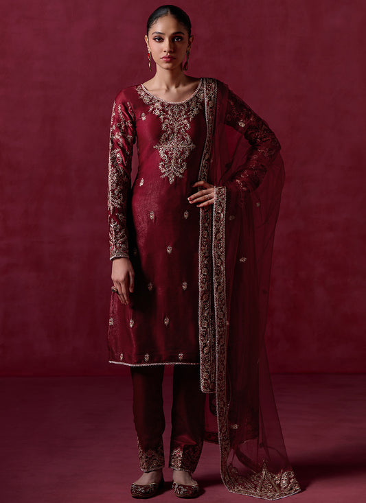 Maroon Embroidered Silk Straight Suit