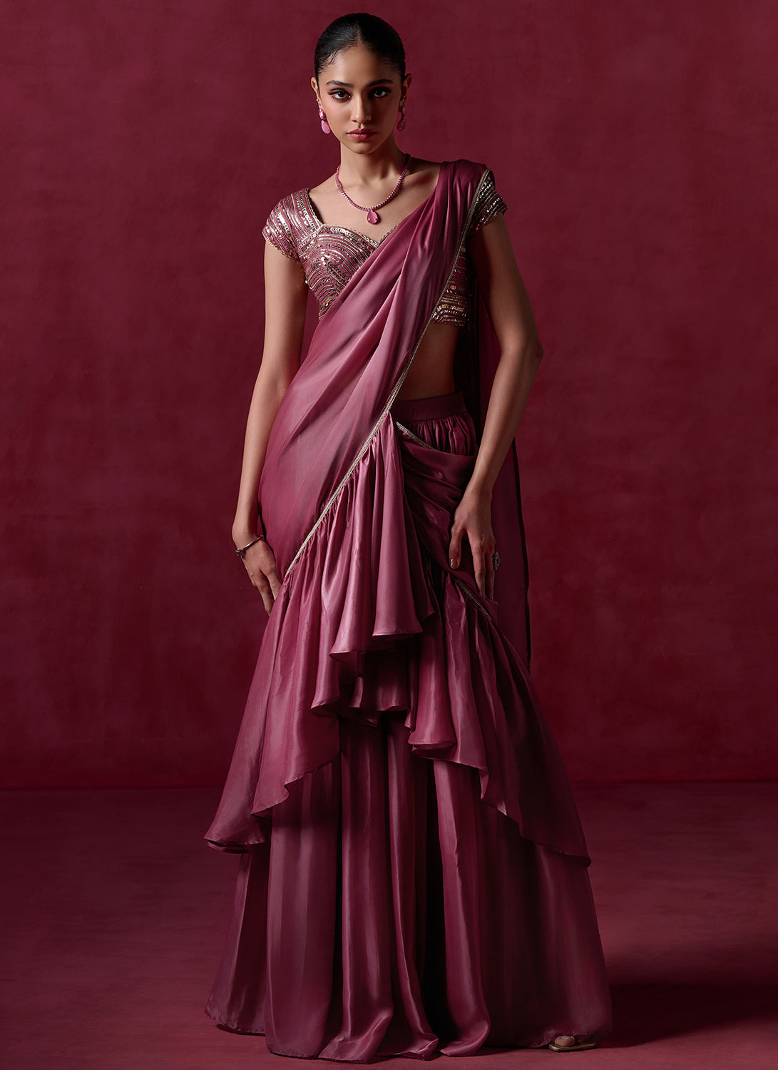 Mauve Embroidered Ruffled Silk Saree