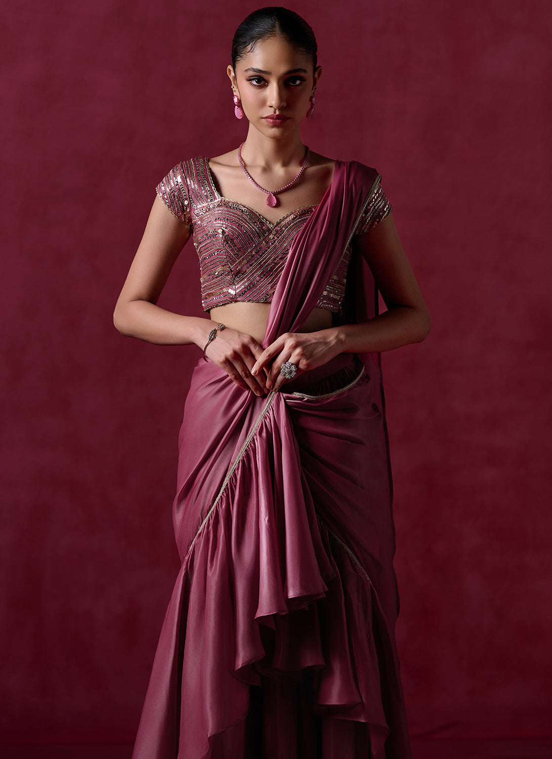 Mauve Embroidered Ruffled Silk Saree