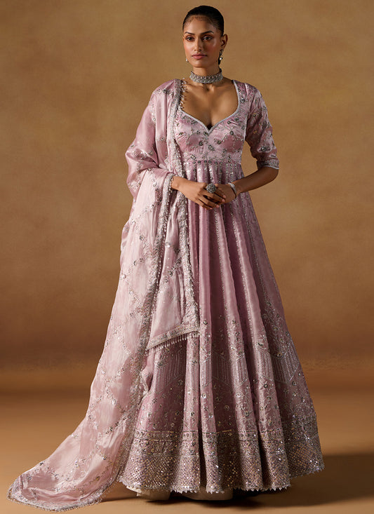 Mauve Embroidered Tissue Anarkali