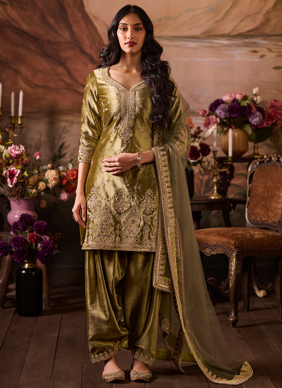 Mehendi Green Embroidered Velvet Punjabi Suit