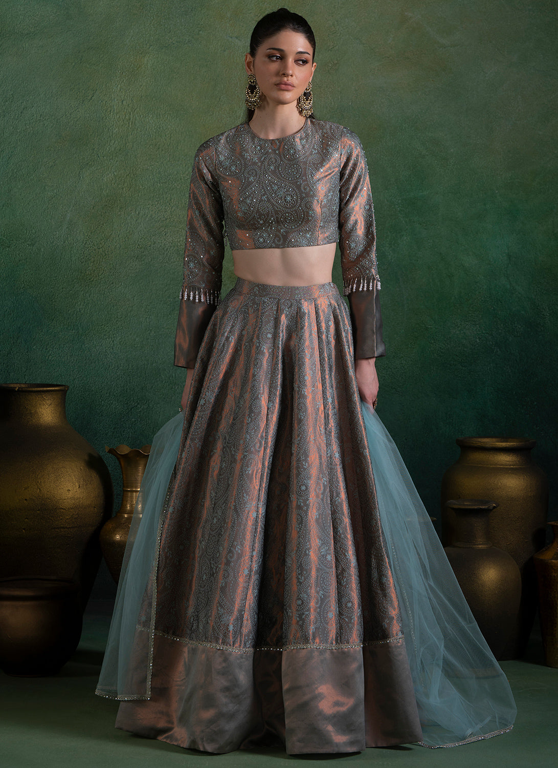 Mint Embroidered Brocade Lehenga