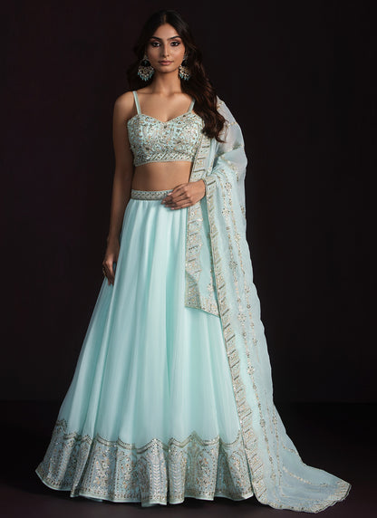 Mint Embroidered Organza Lehenga