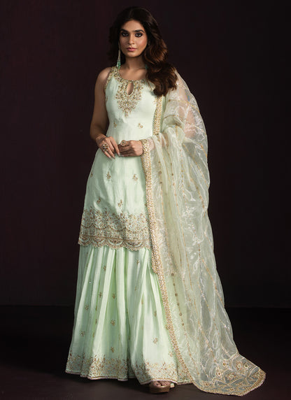 Mint Green Embroidered Crepe Silk Sharara