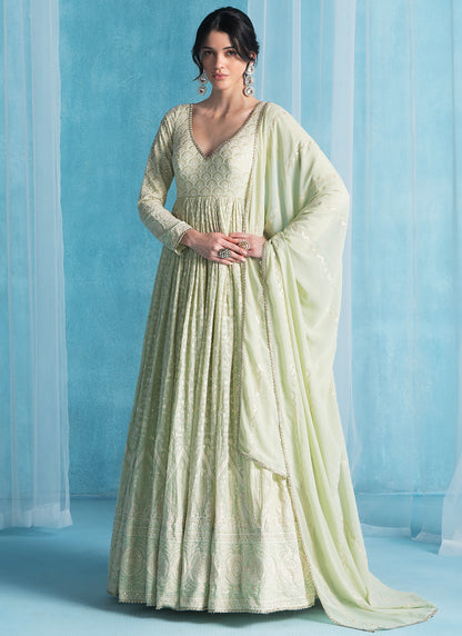 Mint Green Embroidered Lucknowi Anarkali