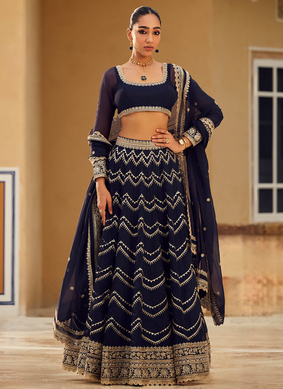 Navy Blue Embroidered Organza Lehenga