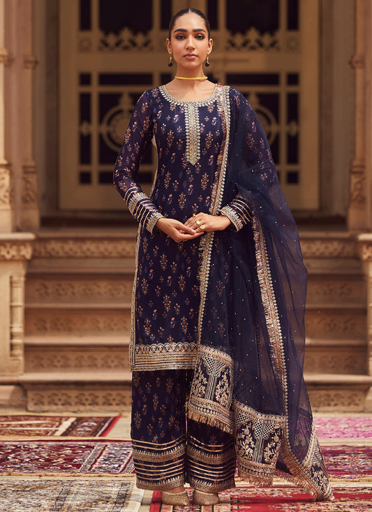 Navy Blue Embroidered Tissue Straight Suit