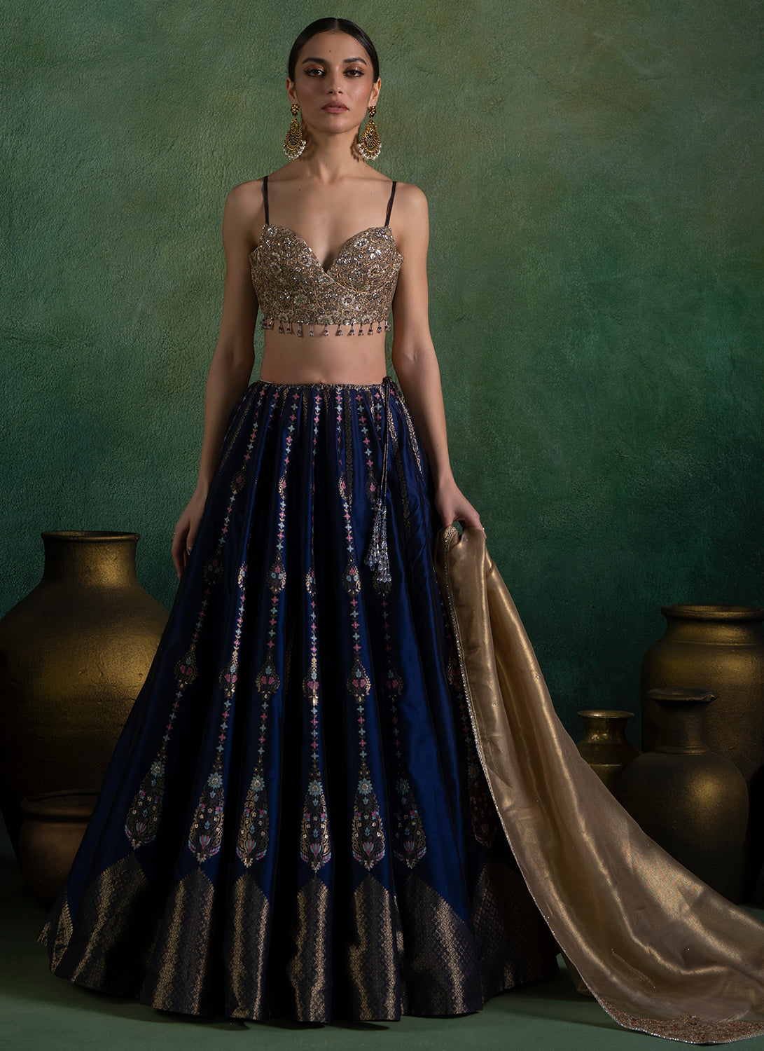 Navy Blue and Gold Embroidered Lehenga