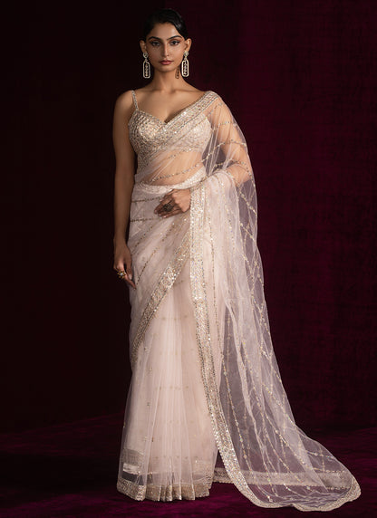 Nude Embroidered Net Saree