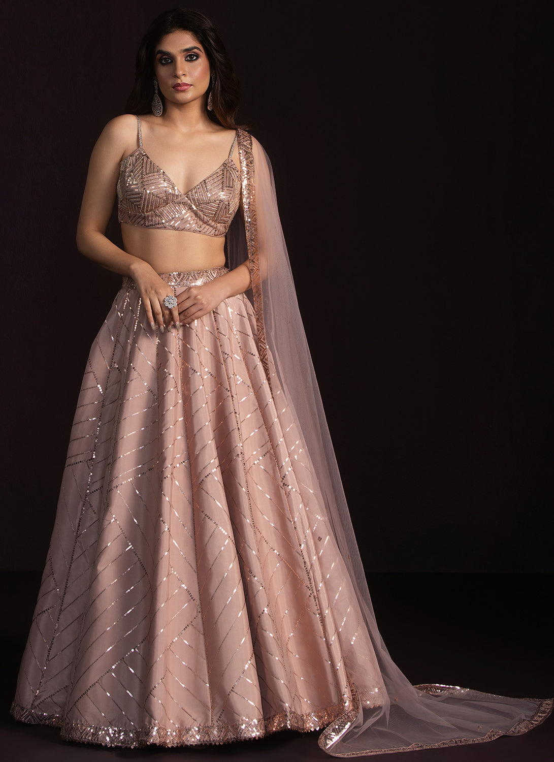 Nude Pink Embroidered Crepe Silk Lehenga