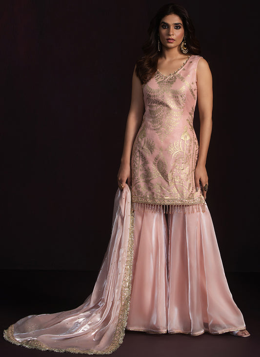 Nude Pink Embroidered Organza Gharara