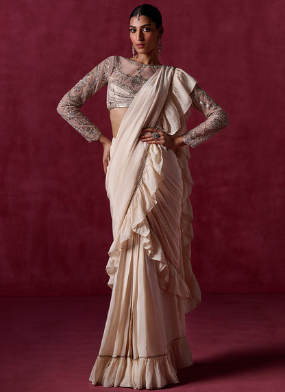 Nude Ruffled Crepe Saree