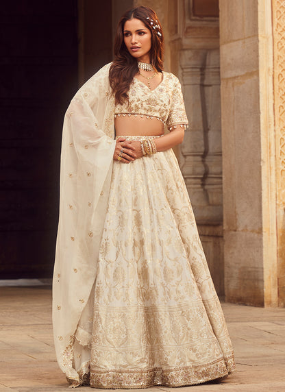 Off White Embroidered Brocade Lehenga