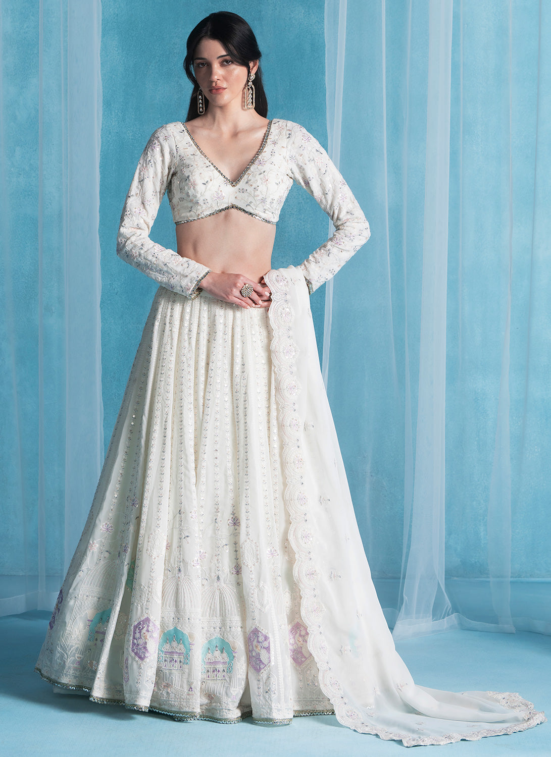 Off White Embroidered Georgette Lehenga