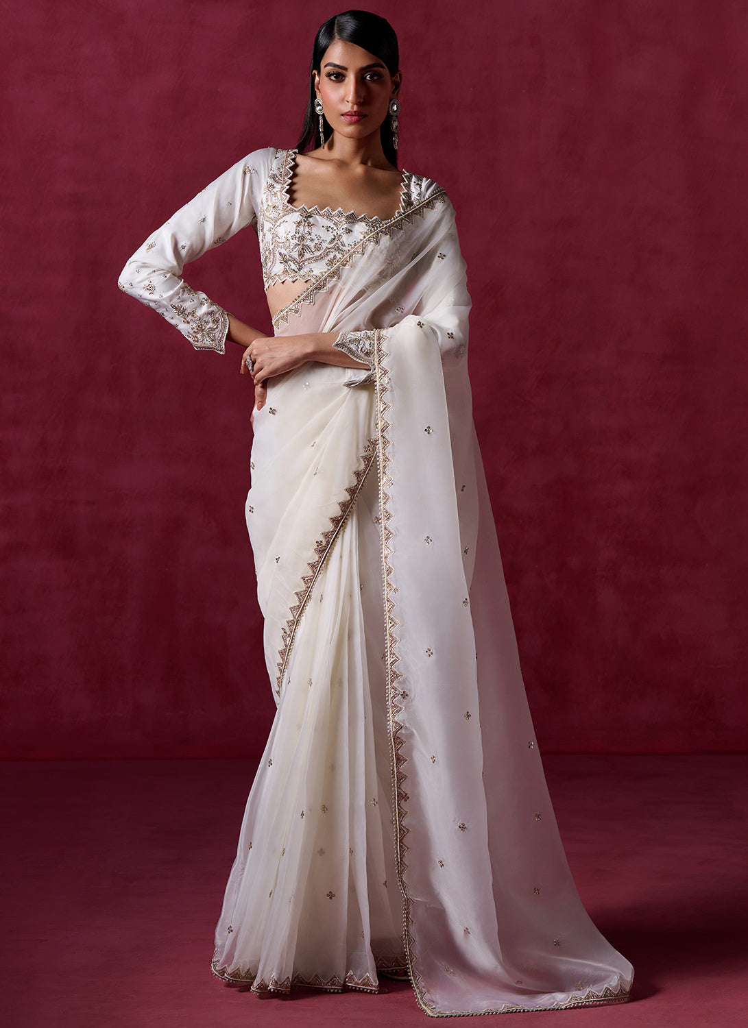 Off White Embroidered Organza Saree