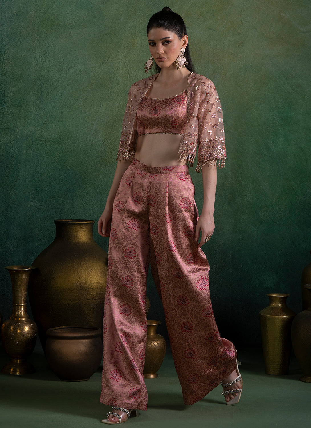 Peach Embroidered Brocade Pant Set With Jacket