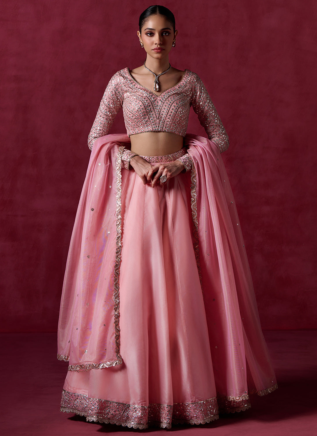 Peach Embroidered Crepe Lehenga