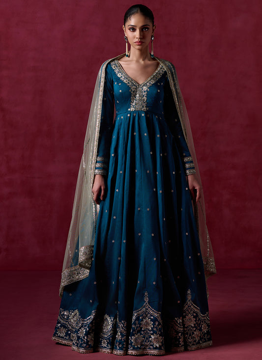 Peacock Blue Embroidered Anarkali