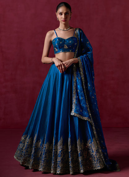 Peacock Blue Embroidered Organza Lehenga