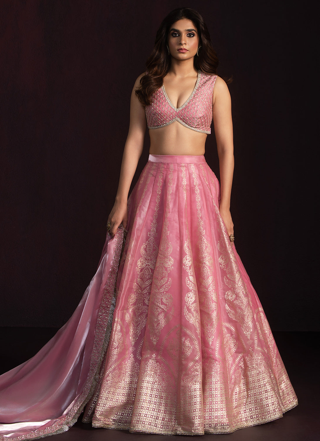 Pink Embroidered Organza Lehenga