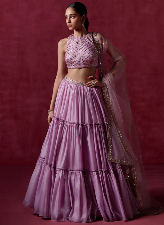 Pink Lavender Embroidered Organza Lehenga