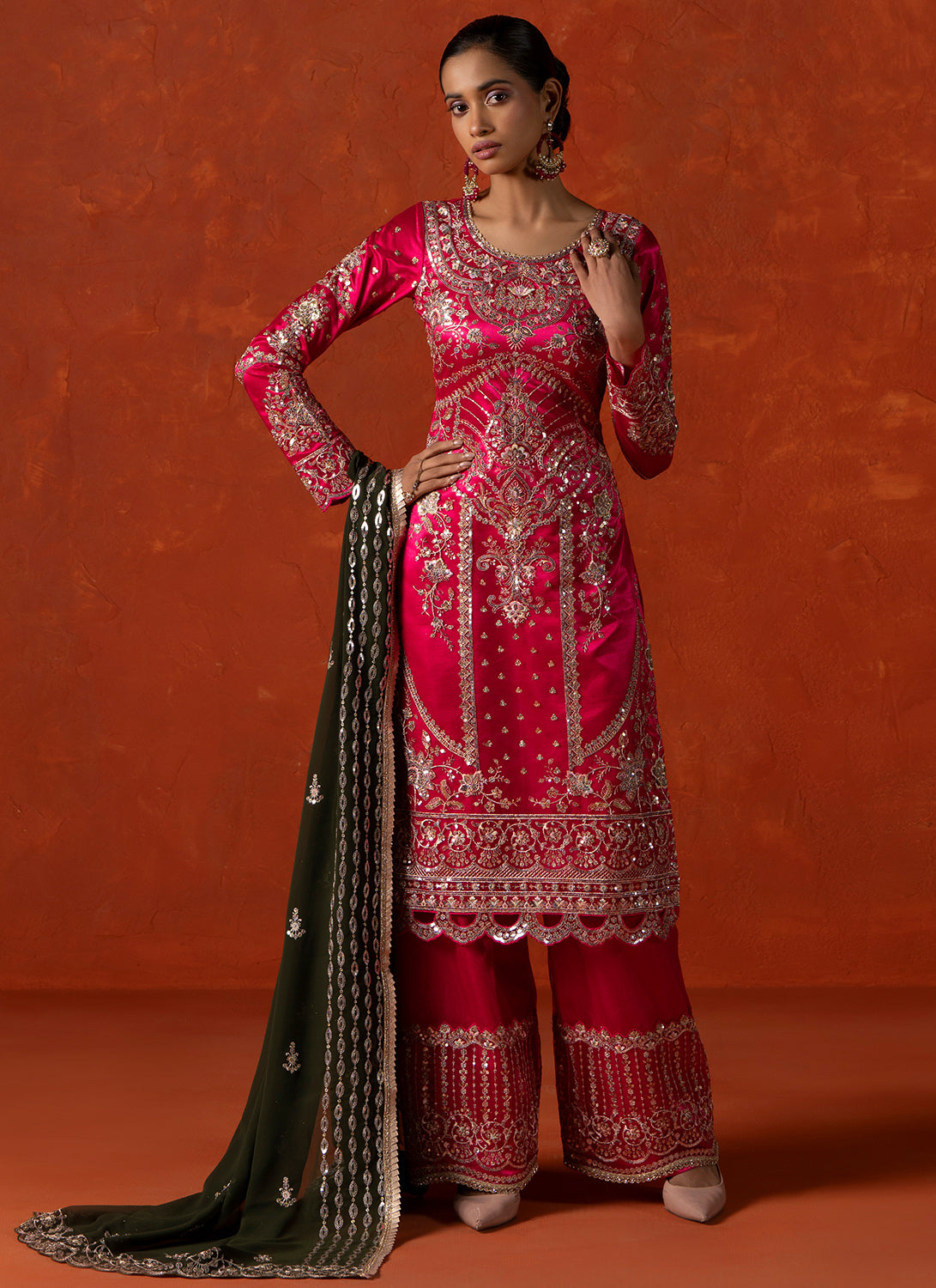 Pink and Green Embroidered Palazzo Suit