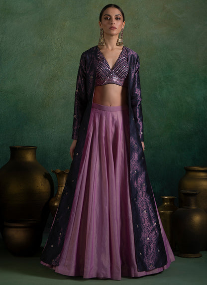 Pink and Purple Embroidered Jacket Style Lehenga