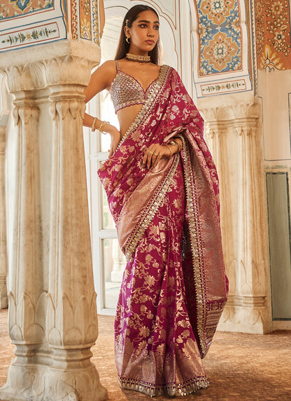 Purple Embroidered Brocade Saree