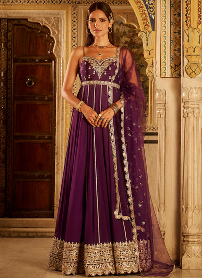 Purple Embroidered Chinon Anarkali