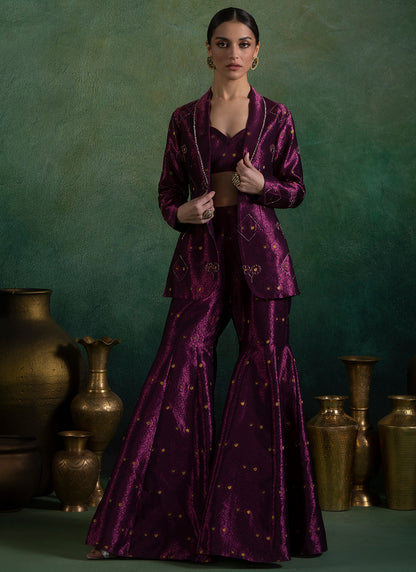 Purple Embroidered Gharara With Blazer