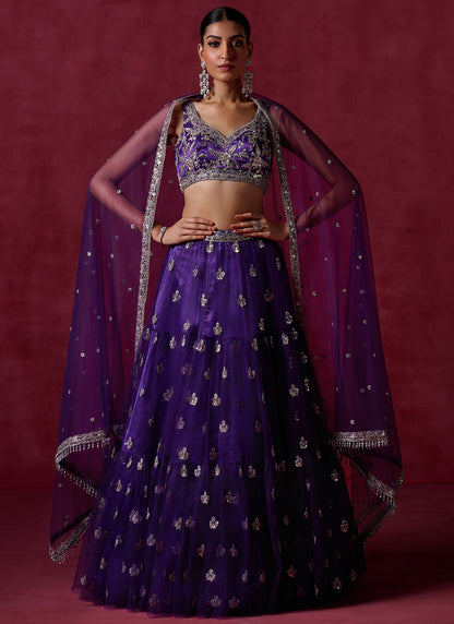 Purple Embroidered Net Lehenga