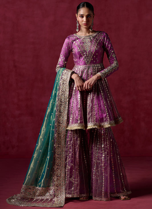 Purple Embroidered Peplum Style Gharara