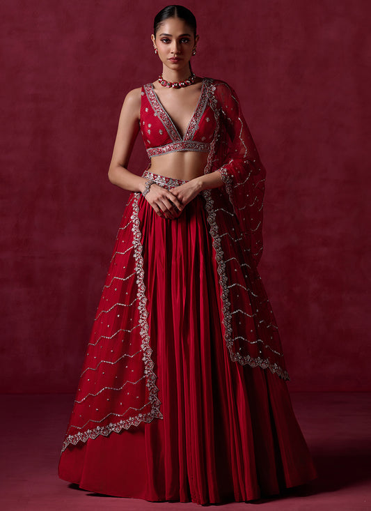 Red Embroidered Crepe Silk Lehenga