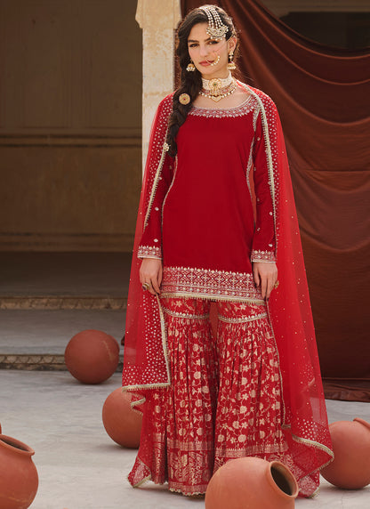 Red Embroidered Velvet Gharara Suit