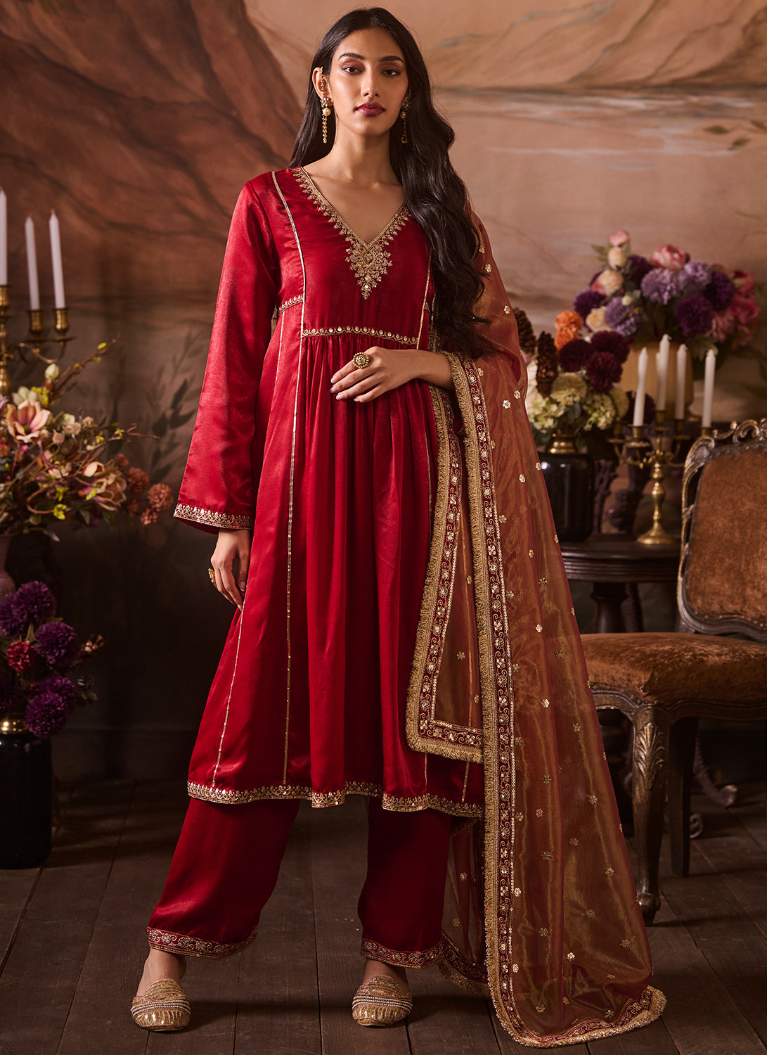 Red Embroidered Velvet Kurta Style Pant Suit