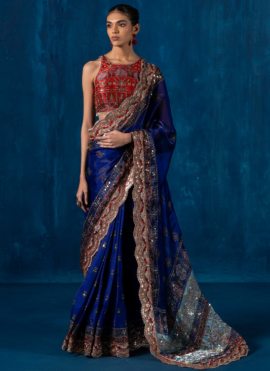 Red and Blue Embroidered Organza Saree