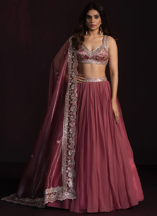 Rose Pink Embroidered Chiffon Lehenga