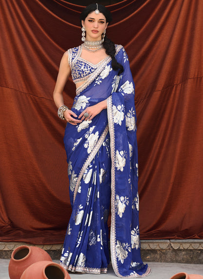 Royal Blue Embroidered Brocade Saree